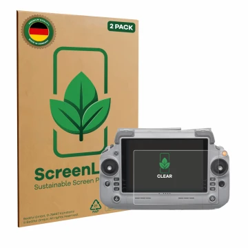 Front side of a product packaging with the brand logo ScreenLeaf. Next to it is the device DJI RC Plus 2 shown with the corres
