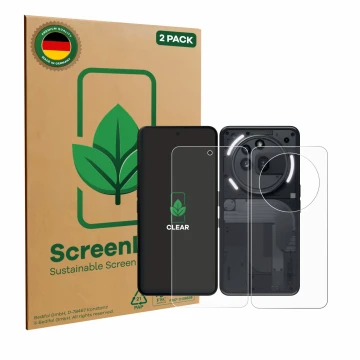 Front side of a product packaging with the brand logo ScreenLeaf. Next to it is the device Nothing Phone (3a) Pro (Front+Back)