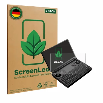Front side of a product packaging with the brand logo ScreenLeaf. Next to it is the device GPD Win Mini (2025) shown with the 