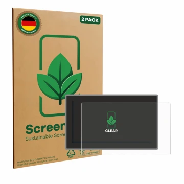 Front side of a product packaging with the brand logo ScreenLeaf. Next to it is the device Ford Tourneo Curier (2024) shown wi
