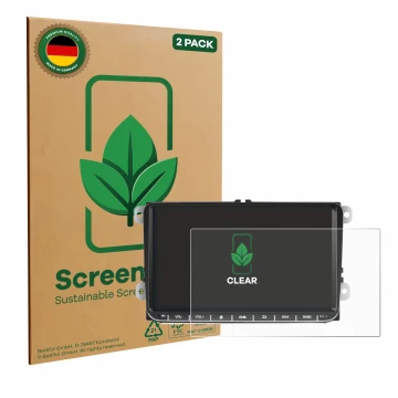 Front side of a product packaging with the brand logo ScreenLeaf. Next to it is the device Essgoo AR9002 shown with the corres