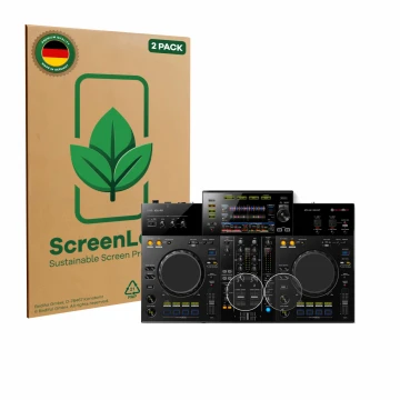 Front side of a product packaging with the brand logo ScreenLeaf. Next to it is the device Pioneer XDJ -RR (Jog) shown with th