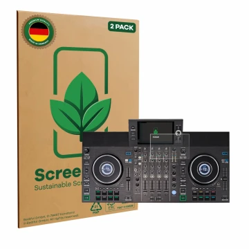 Front side of a product packaging with the brand logo ScreenLeaf. Next to it is the device Denon DJ SC LIVE 4 (Jog) shown with