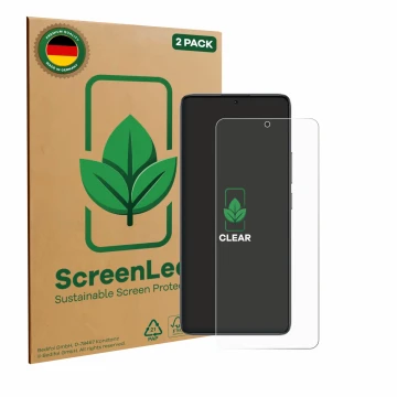 Front side of a product packaging with the brand logo ScreenLeaf. Next to it is the device Xiaomi Poco F7 Ultra shown with the