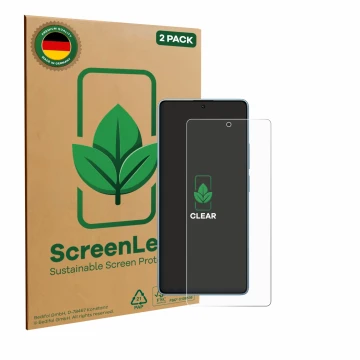 Front side of a product packaging with the brand logo ScreenLeaf. Next to it is the device Xiaomi Redmi Note 14S shown with th