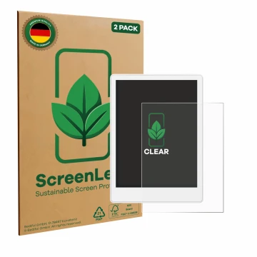 Front side of a product packaging with the brand logo ScreenLeaf. Next to it is the device Meebook M8 7.8