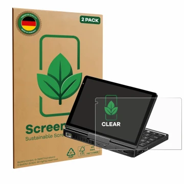 Front side of a product packaging with the brand logo ScreenLeaf. Next to it is the device GPD Pocket 4 shown with the corresp
