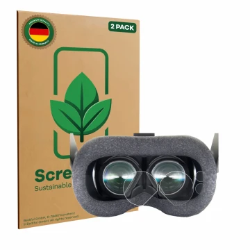 Front side of a product packaging with the brand logo ScreenLeaf. Next to it is the device Valve Index VR-Headset shown with t