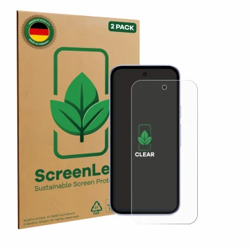 Front side of a product packaging with the brand logo ScreenLeaf. Next to it is the device Google Pixel 9a shown with the corr