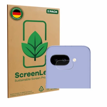 Front side of a product packaging with the brand logo ScreenLeaf. Next to it is the device Google Pixel 9a (ONLY Camera Lens) 