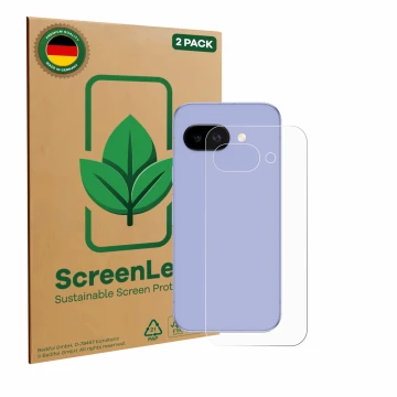 Front side of a product packaging with the brand logo ScreenLeaf. Next to it is the device Google Pixel 9a (Back) shown with t