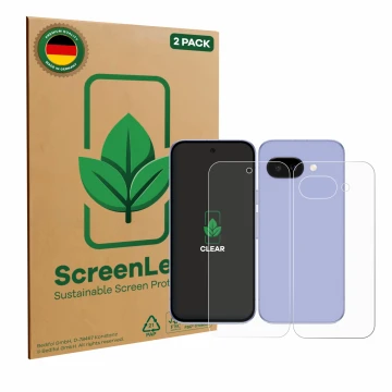 Front side of a product packaging with the brand logo ScreenLeaf. Next to it is the device Google Pixel 9a (Front+Back) shown 