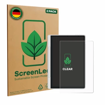 Front side of a product packaging with the brand logo ScreenLeaf. Next to it is the device XP-Pen Magic Note Pad shown with th