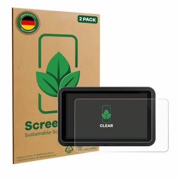 Front side of a product packaging with the brand logo ScreenLeaf. Next to it is the device Atomos Shinobi Go shown with the co