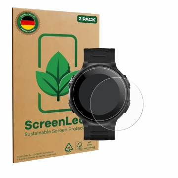 Front side of a product packaging with the brand logo ScreenLeaf. Next to it is the device Kiprun GPS 500 Coros shown with the