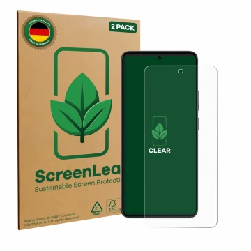 Front side of a product packaging with the brand logo ScreenLeaf. Next to it is the device realme 14T shown with the correspon