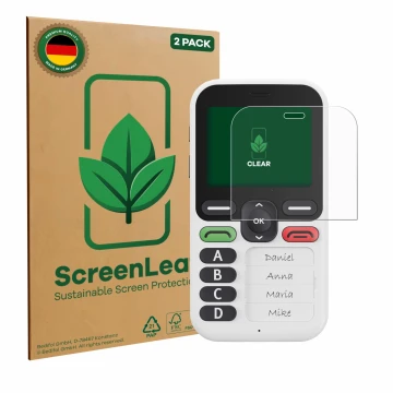 Front side of a product packaging with the brand logo ScreenLeaf. Next to it is the device Doro Leva X10 shown with the corres