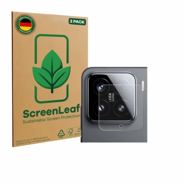Front side of a product packaging with the brand logo ScreenLeaf. Next to it is the device Xiaomi 15 (ONLY Camera Lens) shown 