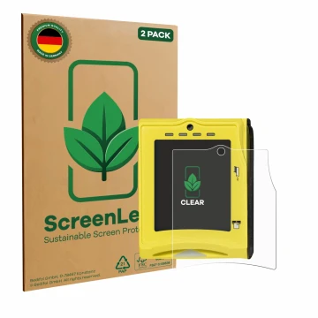 Front side of a product packaging with the brand logo ScreenLeaf. Next to it is the device Nayax VPOS TOUCH shown with the cor