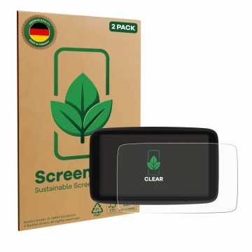 Front side of a product packaging with the brand logo ScreenLeaf. Next to it is the device TomTom Go Classic Lite 6