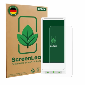 Front side of a product packaging with the brand logo ScreenLeaf. Next to it is the device Clover Flex shown with the correspo