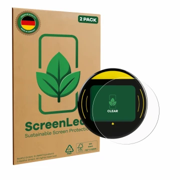 Front side of a product packaging with the brand logo ScreenLeaf. Next to it is the device Nayax Onyx shown with the correspon