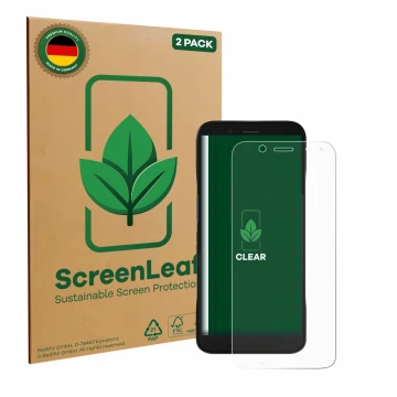 Front side of a product packaging with the brand logo ScreenLeaf. Next to it is the device Datalogic Memor 12 shown with the c