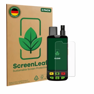 Front side of a product packaging with the brand logo ScreenLeaf. Next to it is the device Aduro Locit GPS shown with the corr
