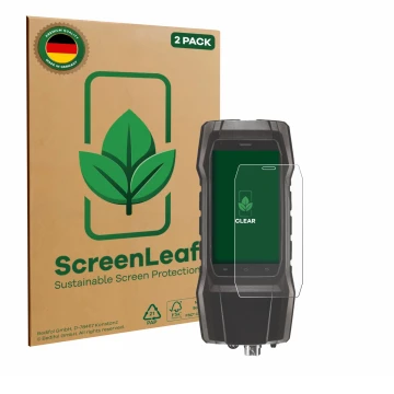 Front side of a product packaging with the brand logo ScreenLeaf. Next to it is the device Testo 300 shown with the correspond