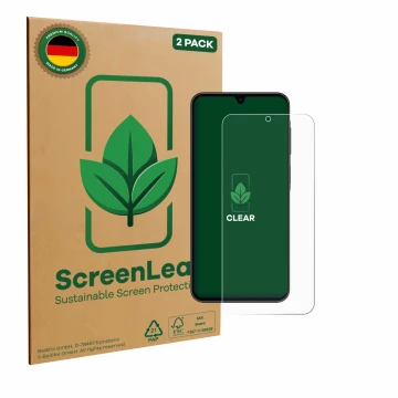 Front side of a product packaging with the brand logo ScreenLeaf. Next to it is the device Samsung Galaxy A26 5G Enterprise Ed
