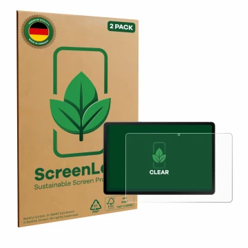 Front side of a product packaging with the brand logo ScreenLeaf. Next to it is the device Samsung Galaxy Tab S10 FE WiFi show