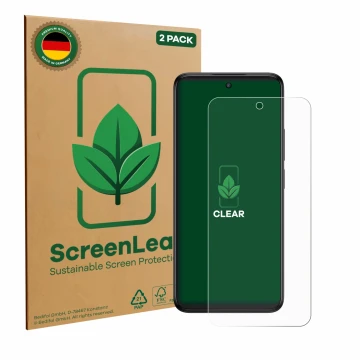Front side of a product packaging with the brand logo ScreenLeaf. Next to it is the device TCL 60R shown with the correspondin