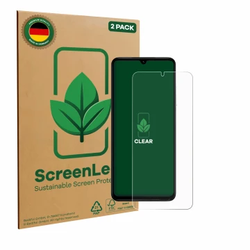 Front side of a product packaging with the brand logo ScreenLeaf. Next to it is the device Xiaomi Poco C71 shown with the corr