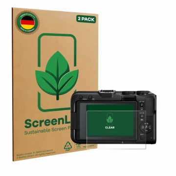 Front side of a product packaging with the brand logo ScreenLeaf. Next to it is the device Canon EOS R50 V shown with the corr