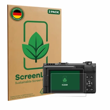 Front side of a product packaging with the brand logo ScreenLeaf. Next to it is the device Canon PowerShot V1 shown with the c