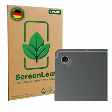 Front side of a product packaging with the brand logo ScreenLeaf. Next to it is the device Samsung Galaxy Tab S10 FE (ONLY Cam