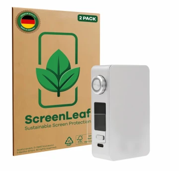 Front side of a product packaging with the brand logo ScreenLeaf. Next to it is the device Lost Vape Centaurus M200 shown with
