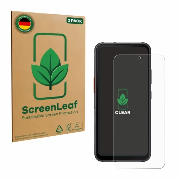 Front side of a product packaging with the brand logo ScreenLeaf. Next to it is the device Samsung Galaxy XCover 7 Pro shown w