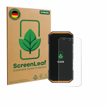Front side of a product packaging with the brand logo ScreenLeaf. Next to it is the device Ulefone Armor X32 shown with the co
