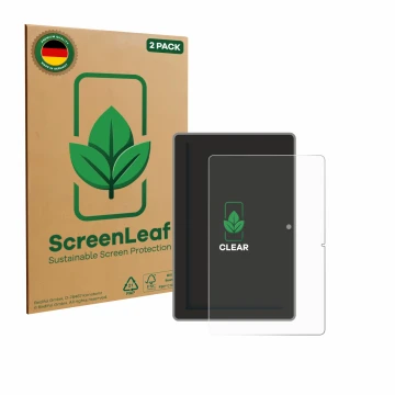 Front side of a product packaging with the brand logo ScreenLeaf. Next to it is the device Lenovo Tab TB311 XU shown with the 