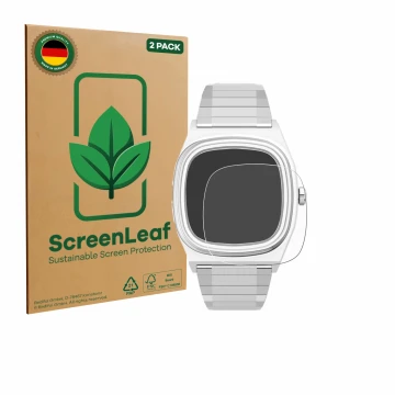 Front side of a product packaging with the brand logo ScreenLeaf. Next to it is the device Timex Reissue 1983 E shown with the
