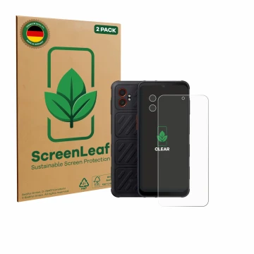 Front side of a product packaging with the brand logo ScreenLeaf. Next to it is the device Samsung Galaxy XCover 7 Pro (Front+
