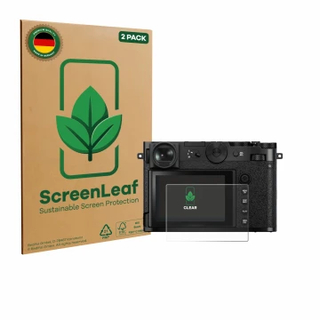 Front side of a product packaging with the brand logo ScreenLeaf. Next to it is the device Fujifilm GFX 100RF shown with the c