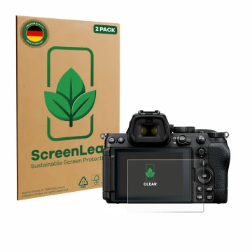 Front side of a product packaging with the brand logo ScreenLeaf. Next to it is the device Nikon Z5 II shown with the correspo