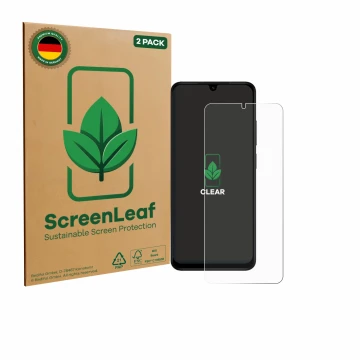Front side of a product packaging with the brand logo ScreenLeaf. Next to it is the device Xiaomi Redmi A5 shown with the corr