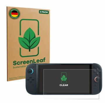 Front side of a product packaging with the brand logo ScreenLeaf. Next to it is the device Nintendo Switch 2 shown with the co