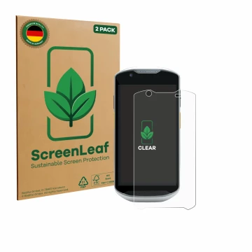 Front side of a product packaging with the brand logo ScreenLeaf. Next to it is the device Zebra TC52x-HC shown with the corre