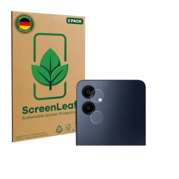Front side of a product packaging with the brand logo ScreenLeaf. Next to it is the device Samsung Galaxy A06 5G (ONLY Camera 