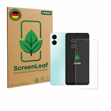 Front side of a product packaging with the brand logo ScreenLeaf. Next to it is the device Samsung Galaxy A06 5G (Front+Camera
