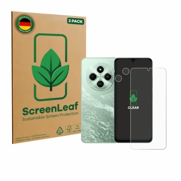 Front side of a product packaging with the brand logo ScreenLeaf. Next to it is the device Xiaomi Poco C75 (Front+Camera) show
